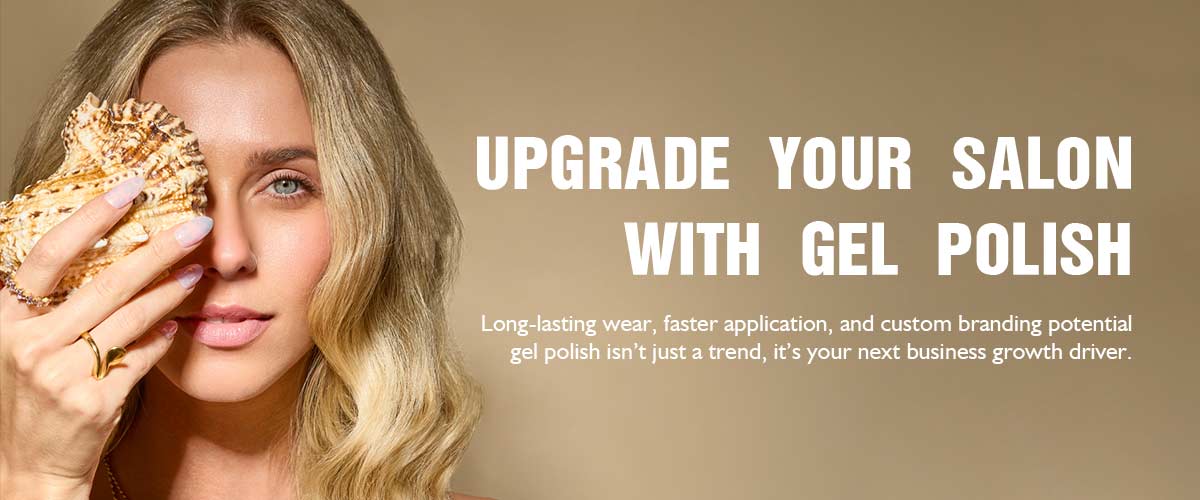 Model with gold nail decoration on an Upgrade Your Salon with Gel Polish banner