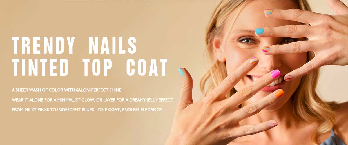 Model displaying a colorful manicure on a tinted top coat banner