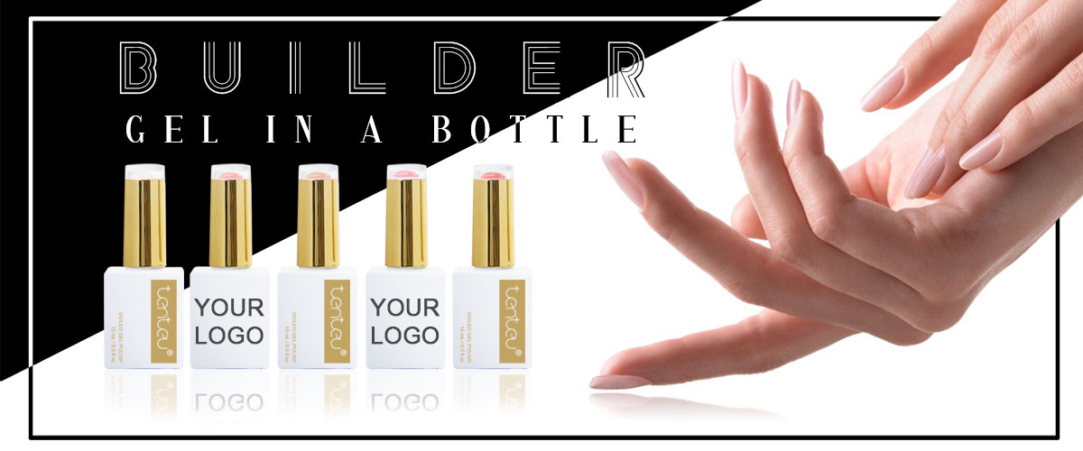 White private label builder gel bottles with gold caps beside a nude manicure