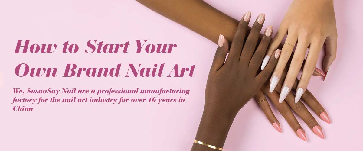Hands with nude and pale pink manicures on a nail brand startup guide banner