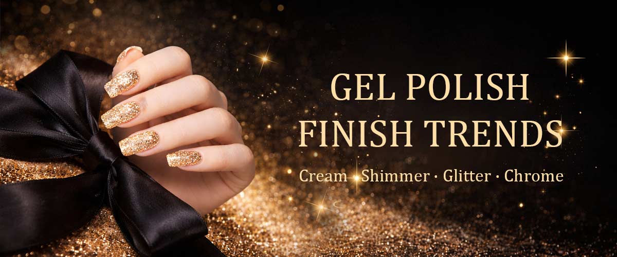 Gold glitter manicure with a black bow on a gel polish finish trends banner