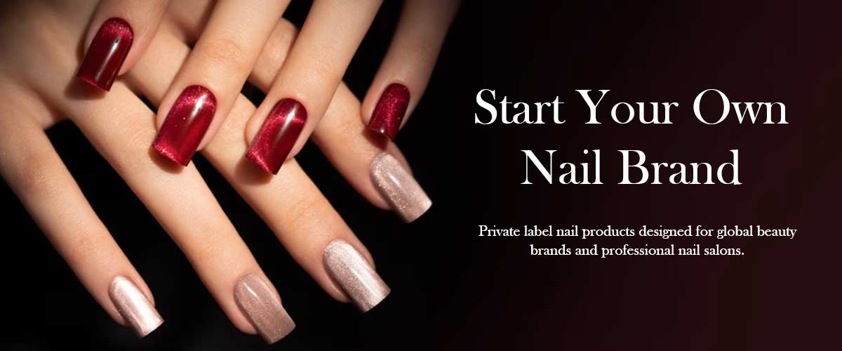 Burgundy and pearlescent manicures on a private label nail brand banner