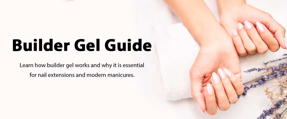 Pale pink manicure beside lavender on a builder gel guide banner