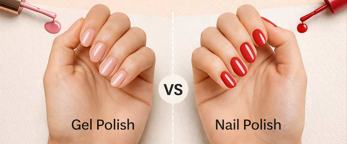 Side-by-side comparison of a nude gel polish manicure and a red nail polish manicure