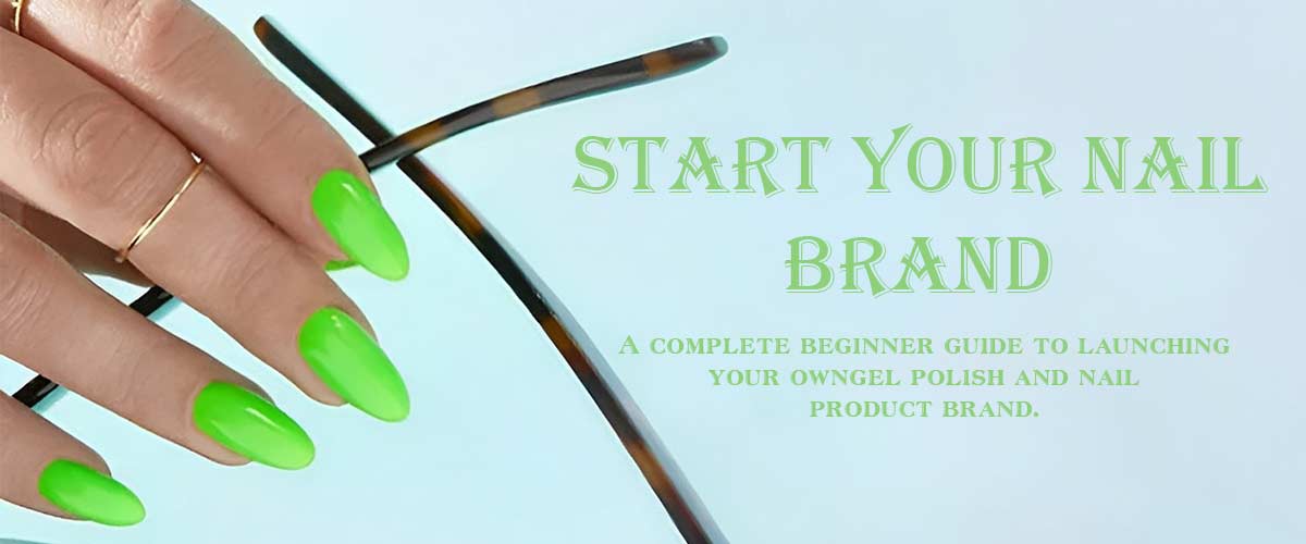 Neon green manicure holding sunglasses on a Start Your Nail Brand banner