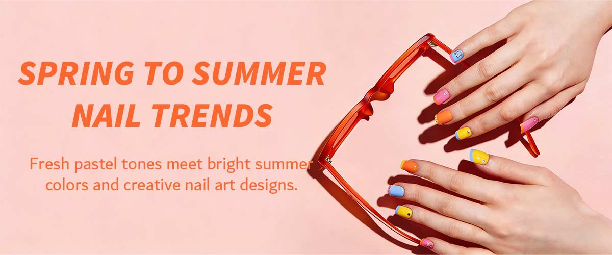 Bright multicolored manicure with red sunglasses for spring-to-summer nail trends