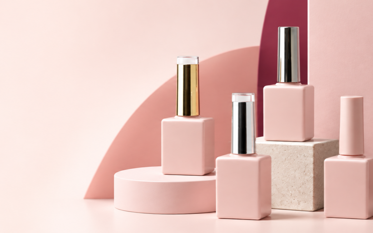 Private label nail gel collection in nude pink and raspberry colors