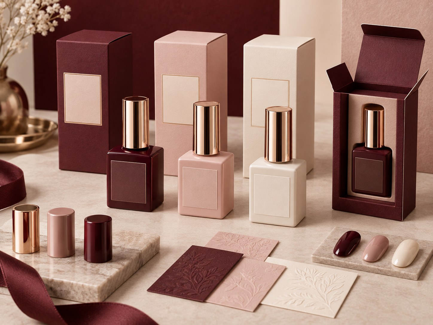 Coordinated private label gel polish bottles and packaging prototypes