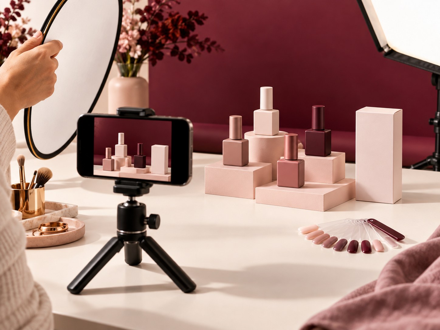 Online seller photographing a coordinated private label gel polish collection
