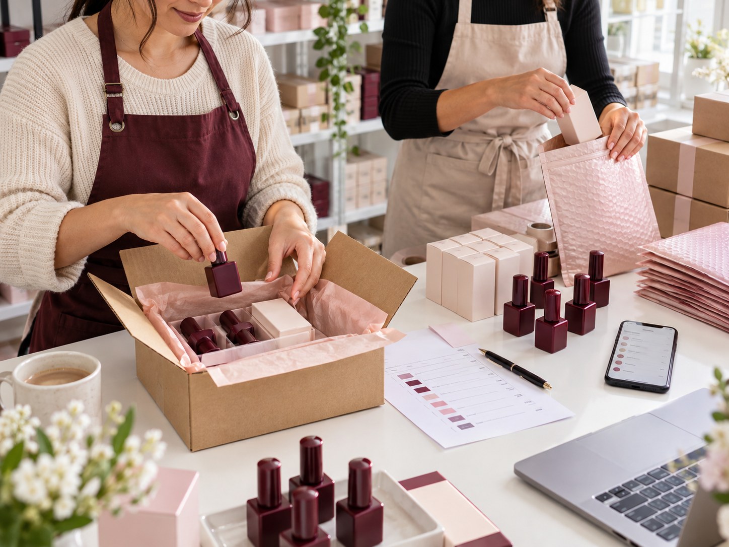Online beauty team packing private label gel polish orders