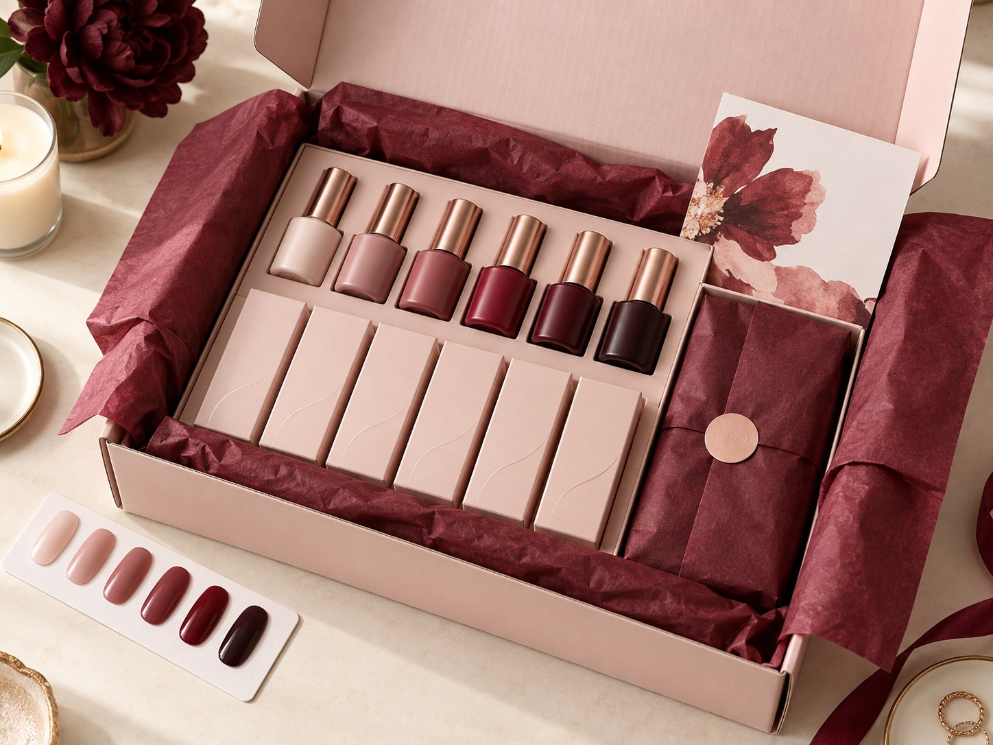 Premium online order unboxing with opaque gel polish bottles and coordinated packaging