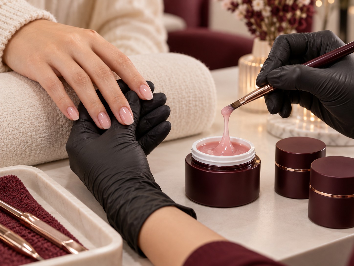 Professional builder gel overlay service using product from an open jar