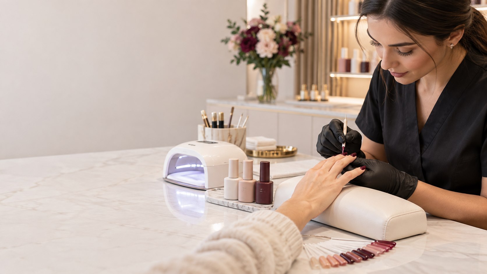 Nail technician performing a professional gel manicure in a modern salon