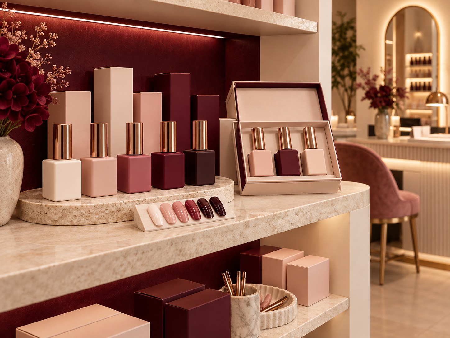 Coordinated private label gel polish retail display inside a premium nail salon