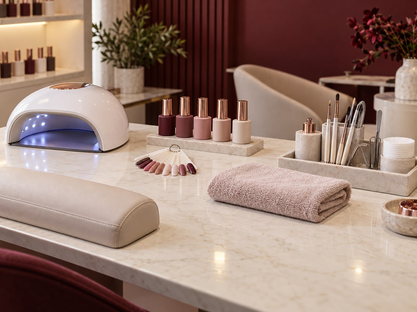 Organized professional gel manicure workstation with curing lamp and opaque gel bottles