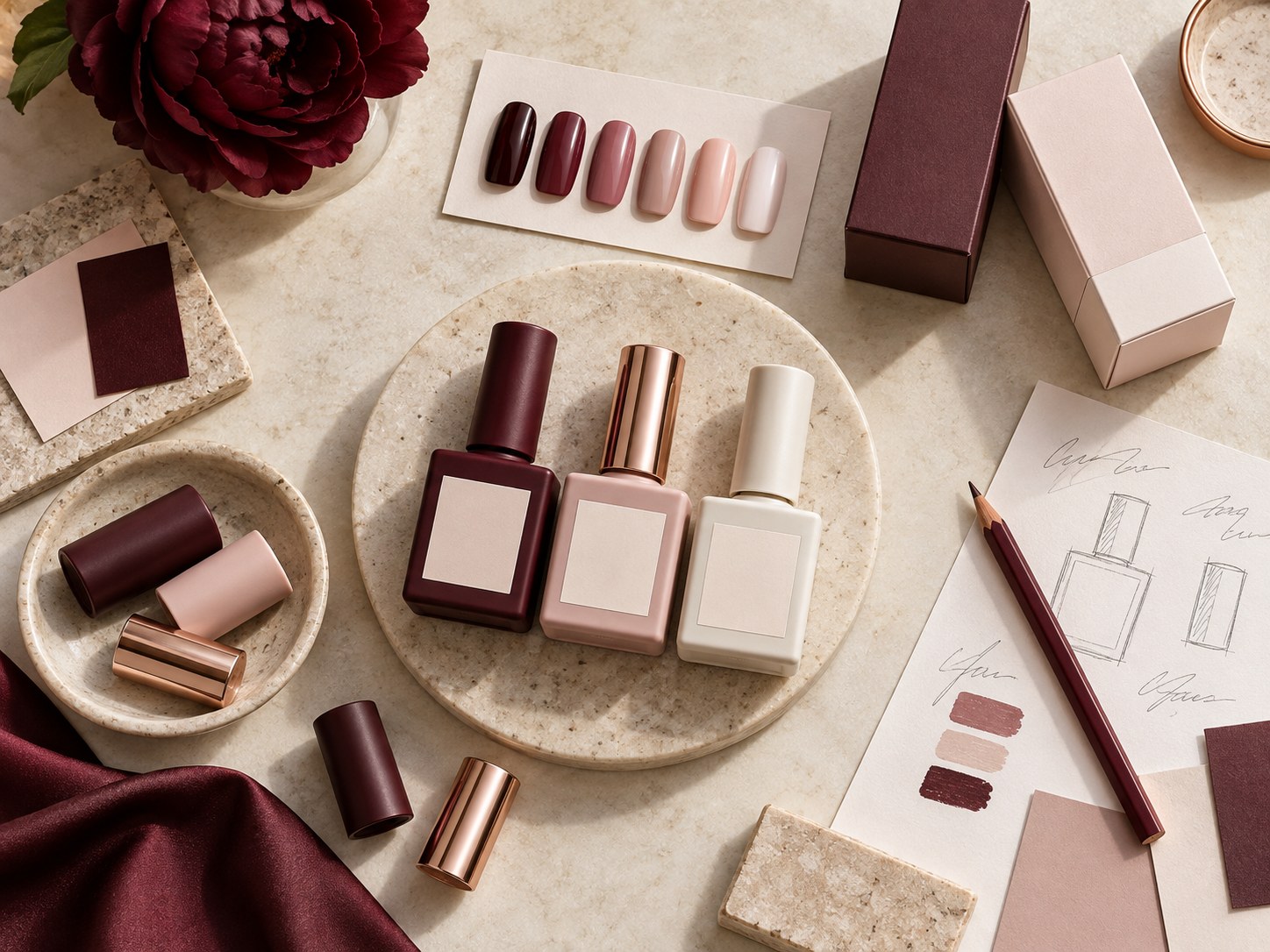 Private label bottle and packaging options beside nail color references