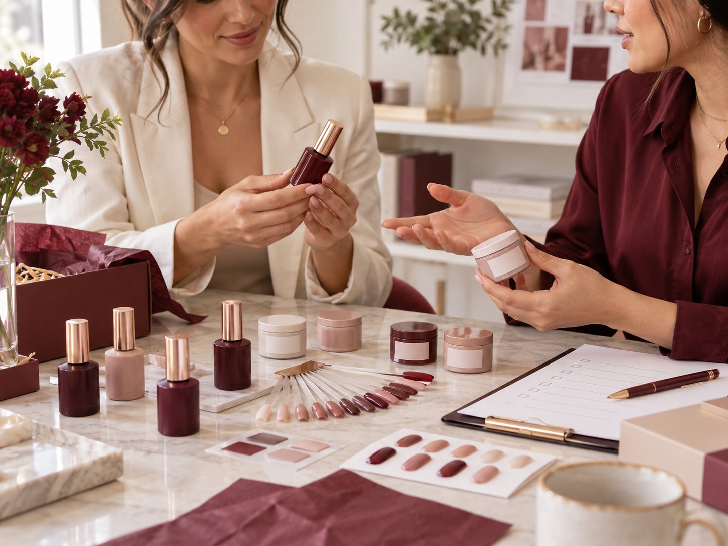 Product samples, nail color swatches and packaging being reviewed together