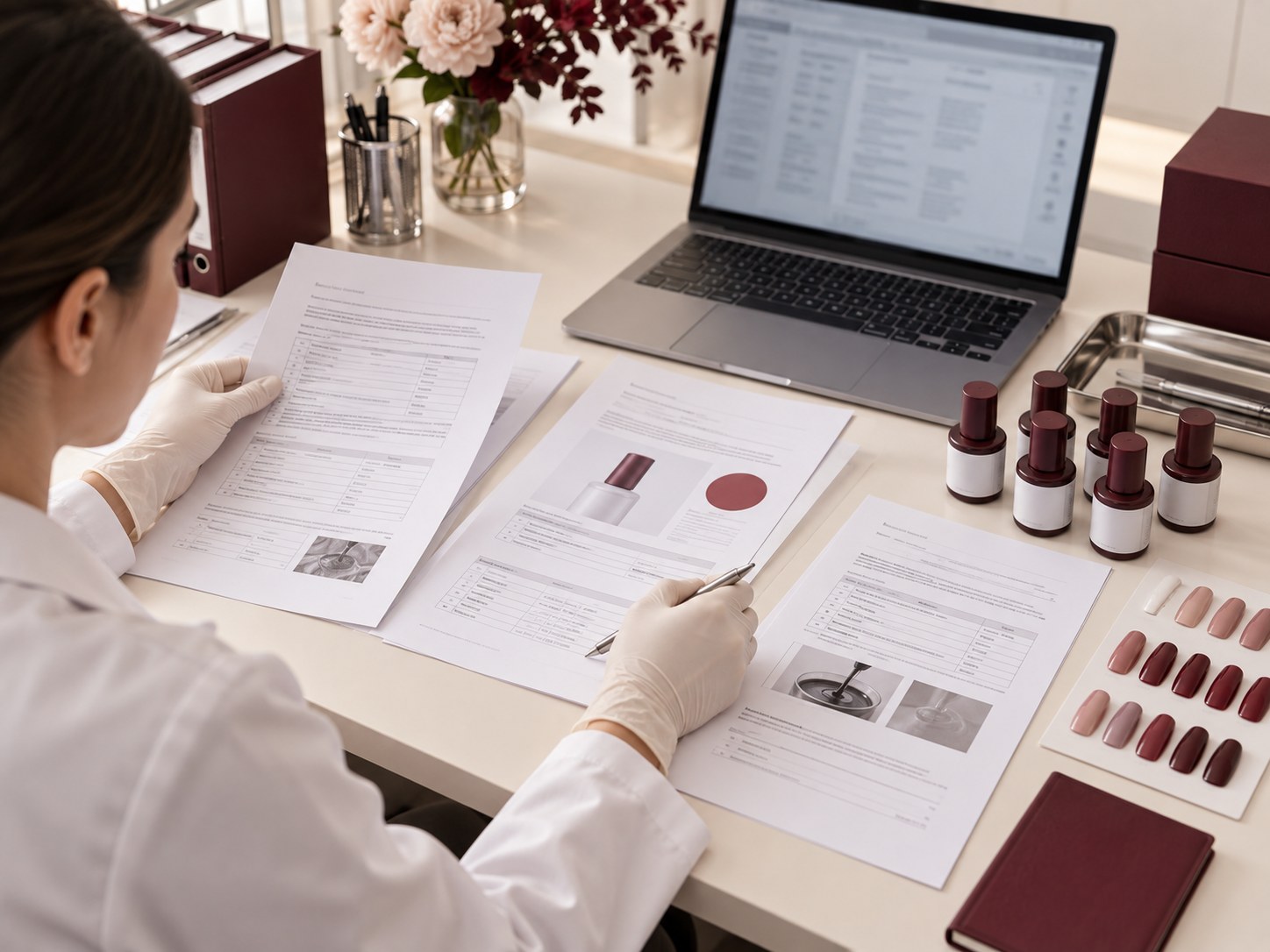 Illustrative product documentation review with packaging and color samples