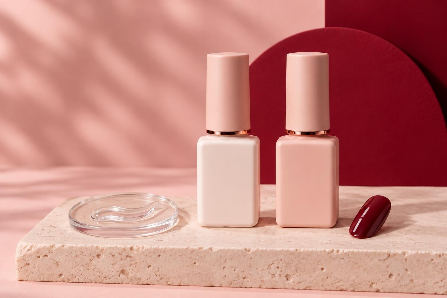 Two opaque light-protective private label nail gel bottles with gel and nail swatches