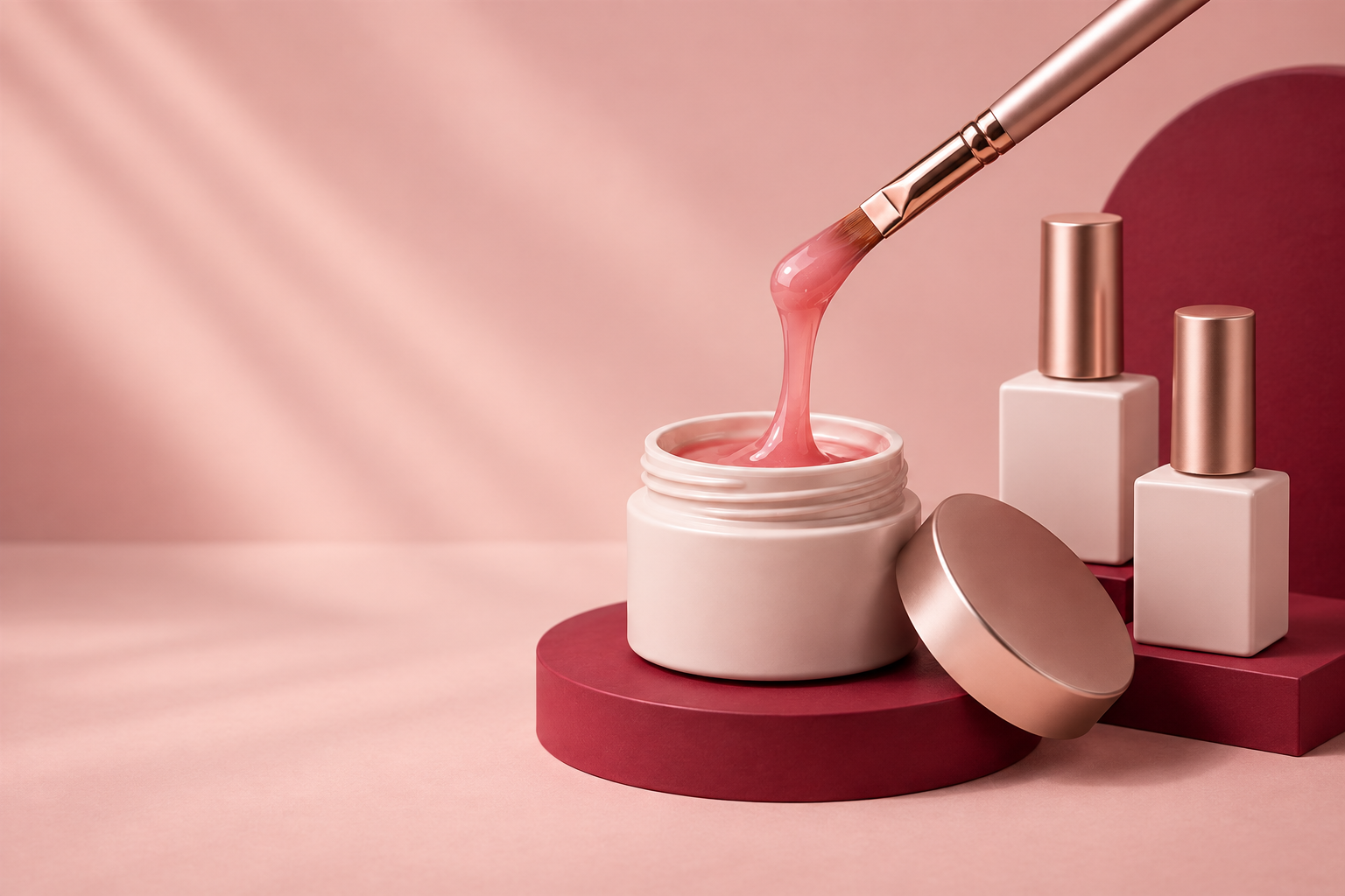 Opaque builder gel jar and two builder gel bottles with nude pink gel texture