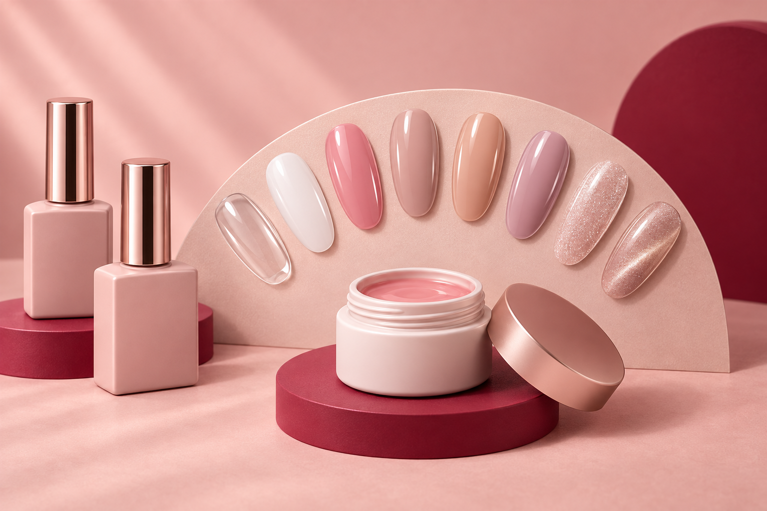 Builder gel jar bottles and eight clear nude pink shimmer and cat eye swatches