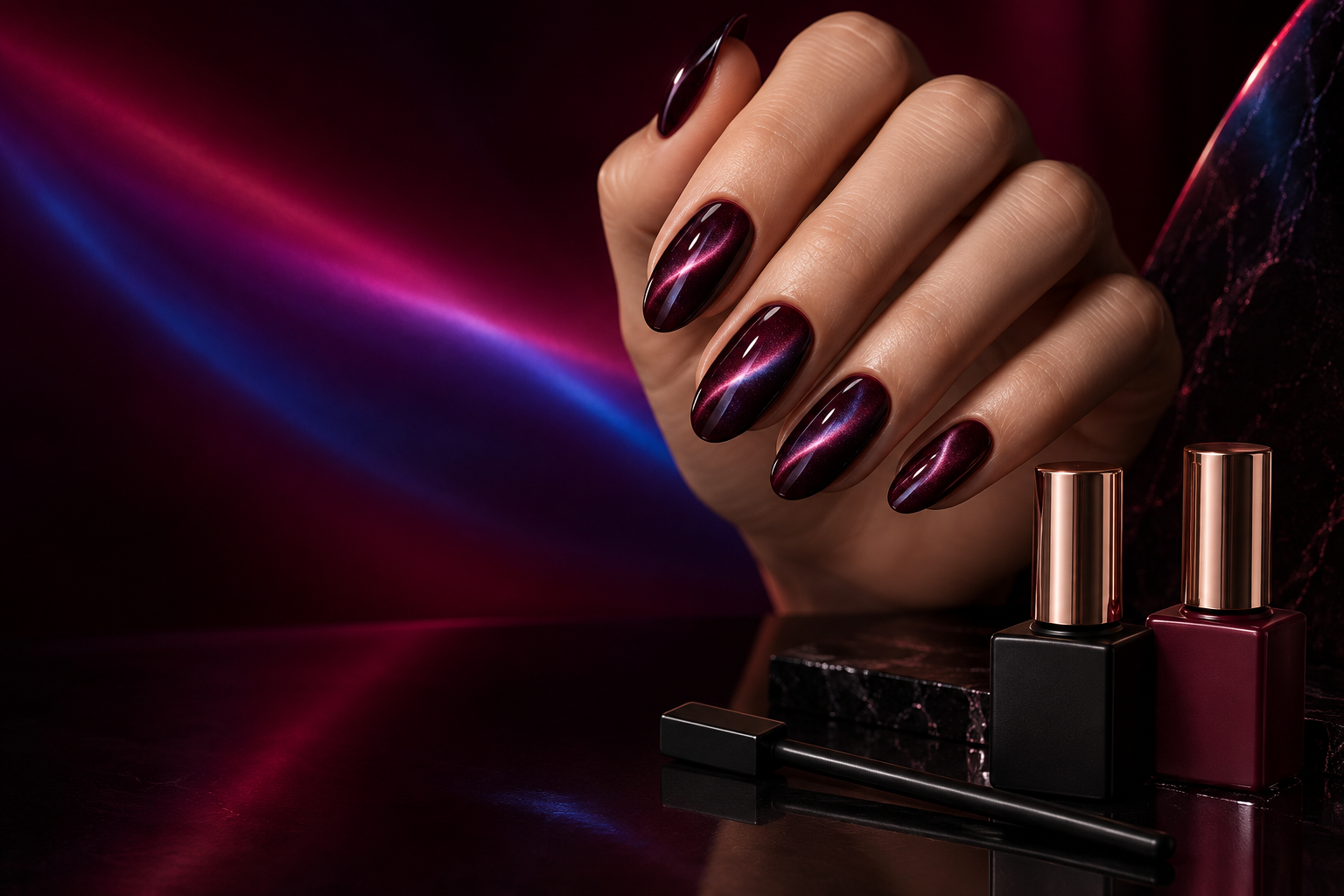 Burgundy magnetic cat eye manicure with opaque light-protective bottles and magnet