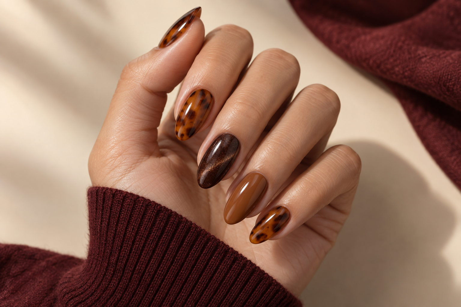 Autumn manicure with amber and coffee-toned magnetic gel effects