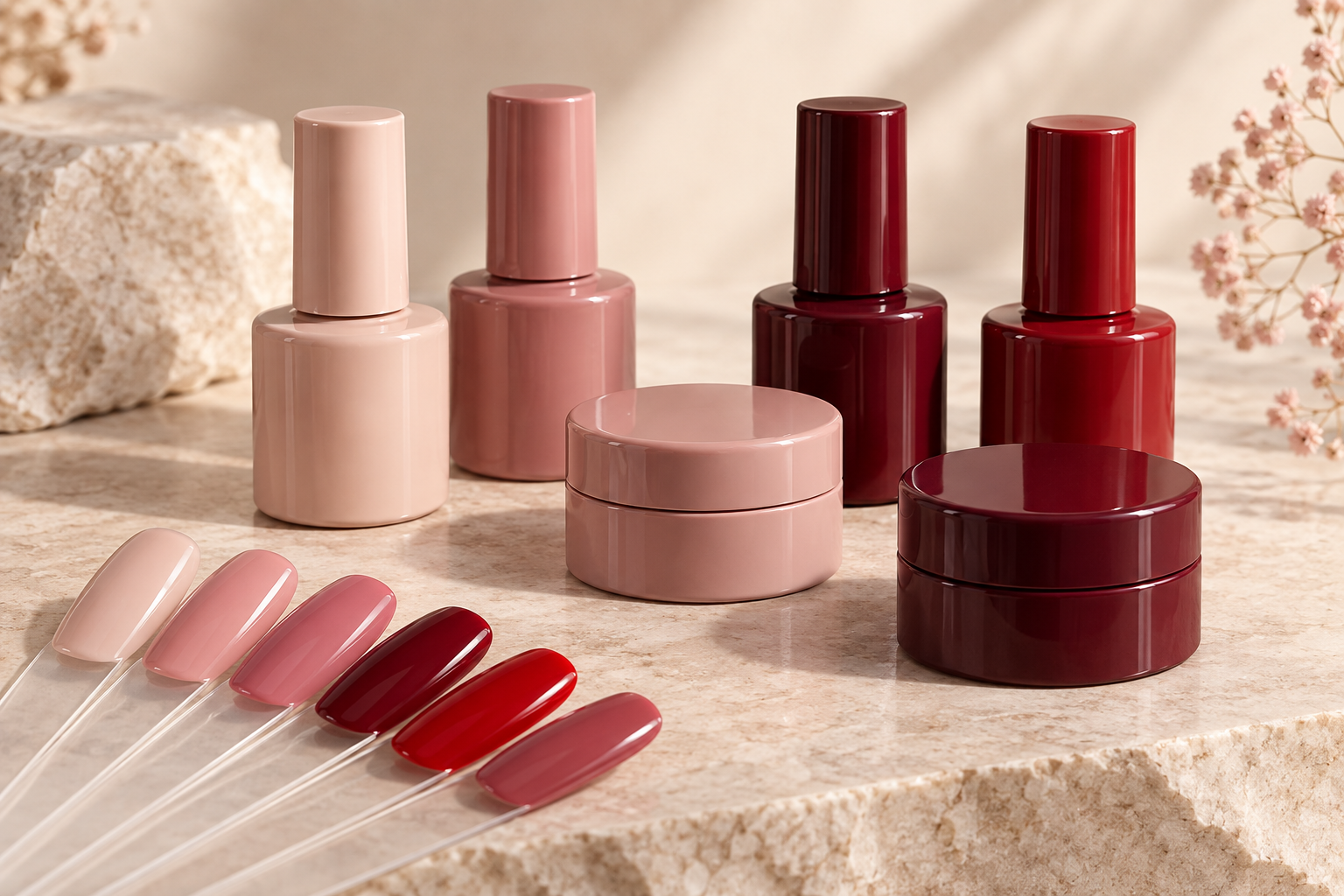 Coordinated nail gel bottles, jars and color swatches