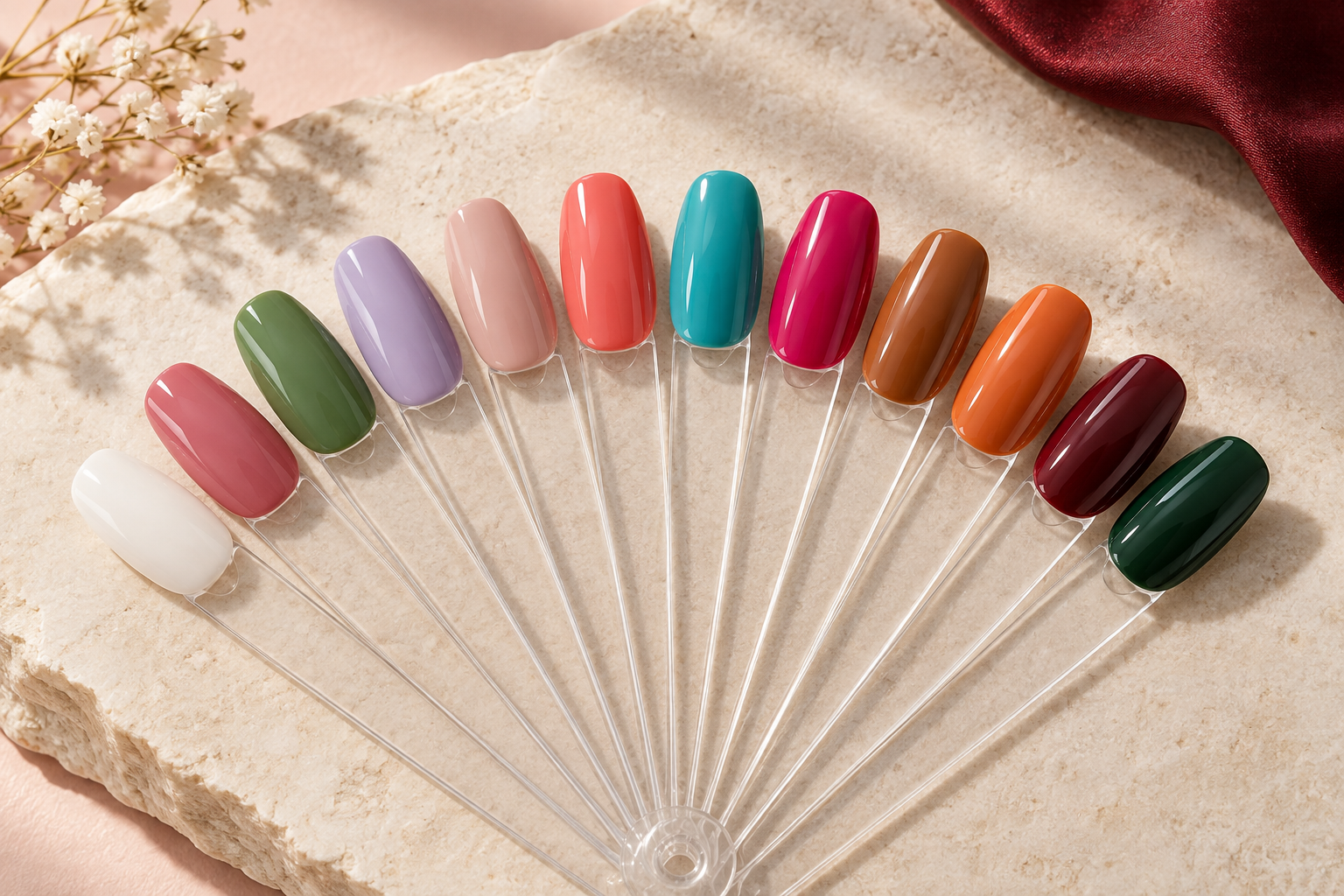 Twelve glossy nail color swatches from milky white through spring pastels, summer brights and winter green