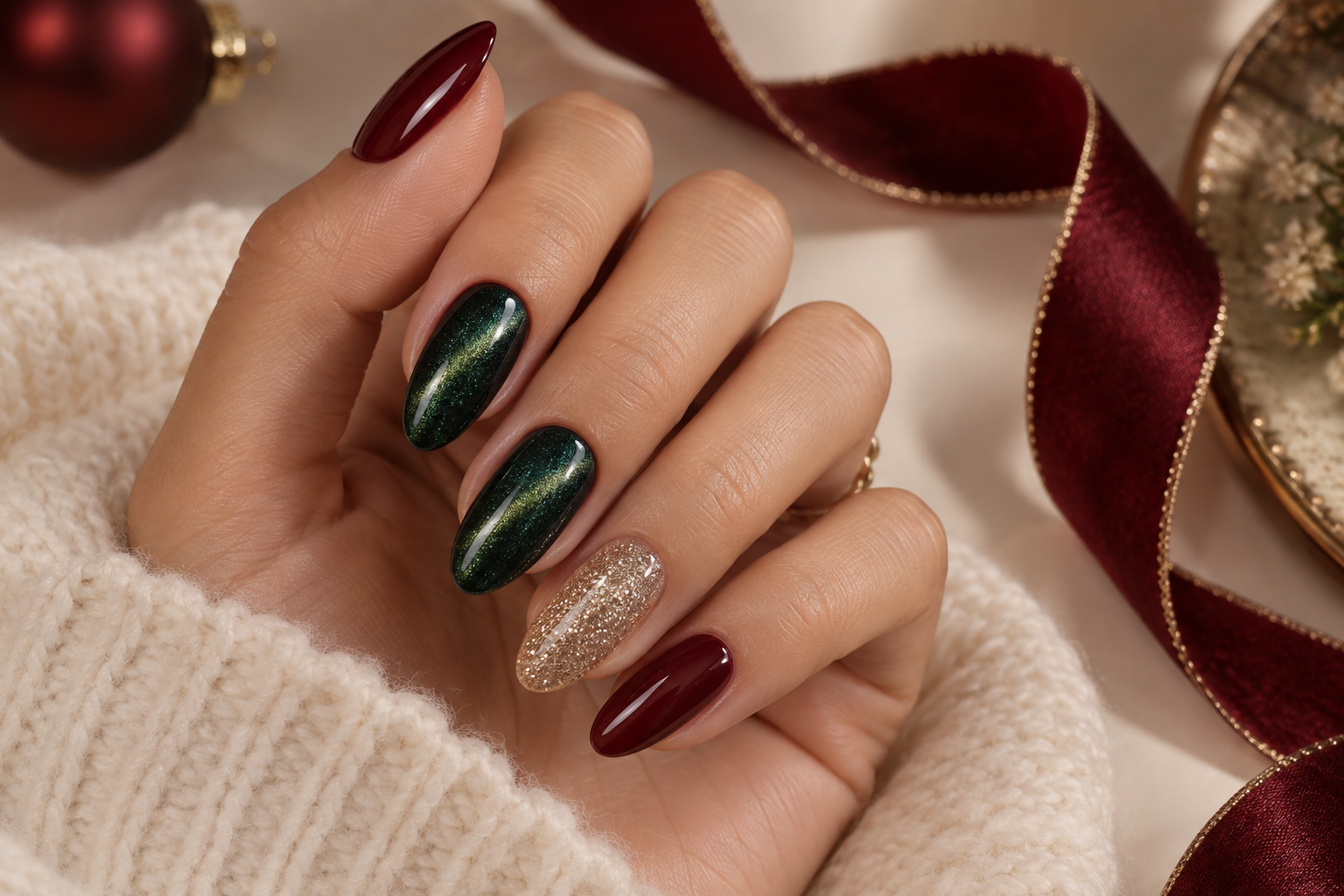 Wine red, forest green and champagne festive manicure inspiration