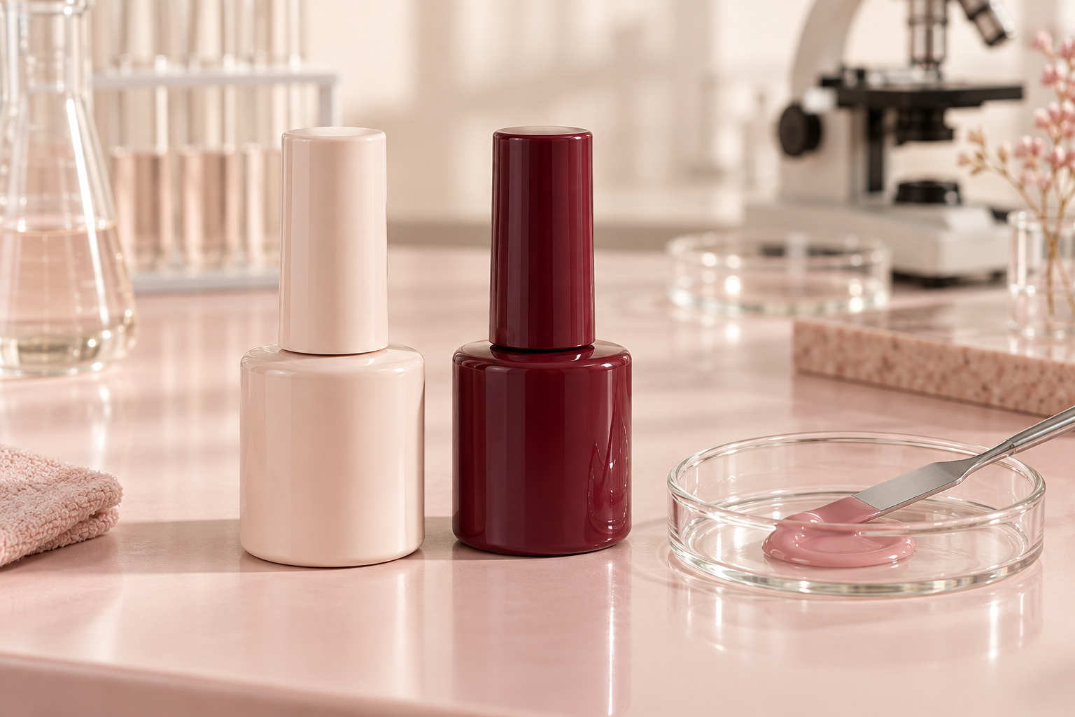 Opaque nail gel bottles and gel sample on a clean laboratory-style bench