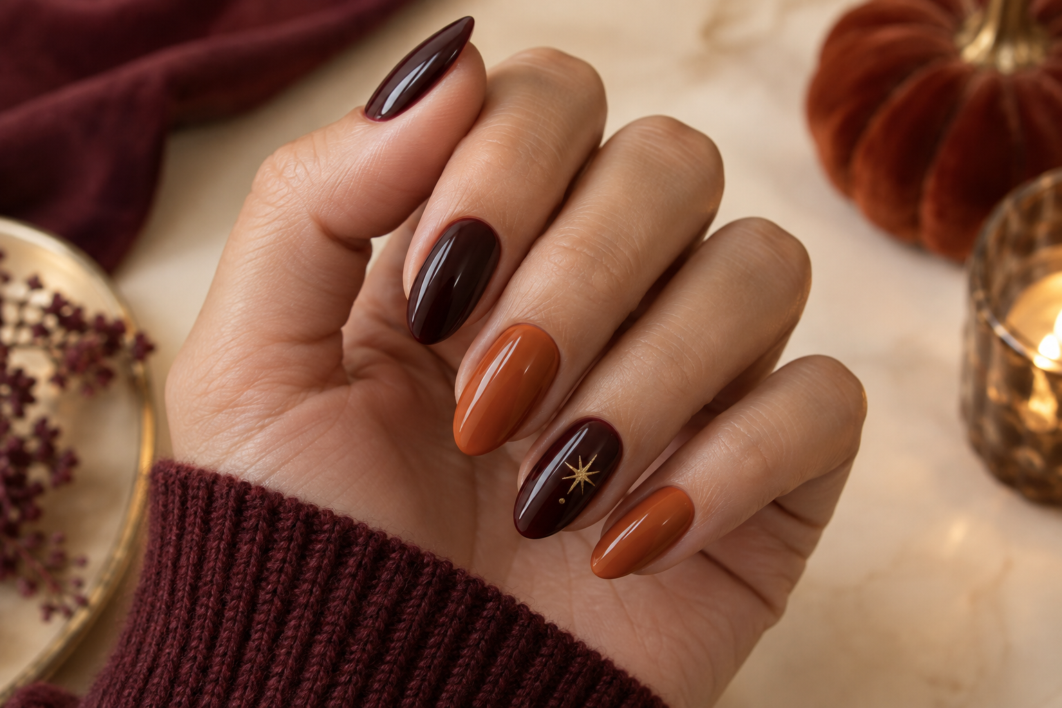 Elegant orange and dark cherry Halloween manicure inspiration