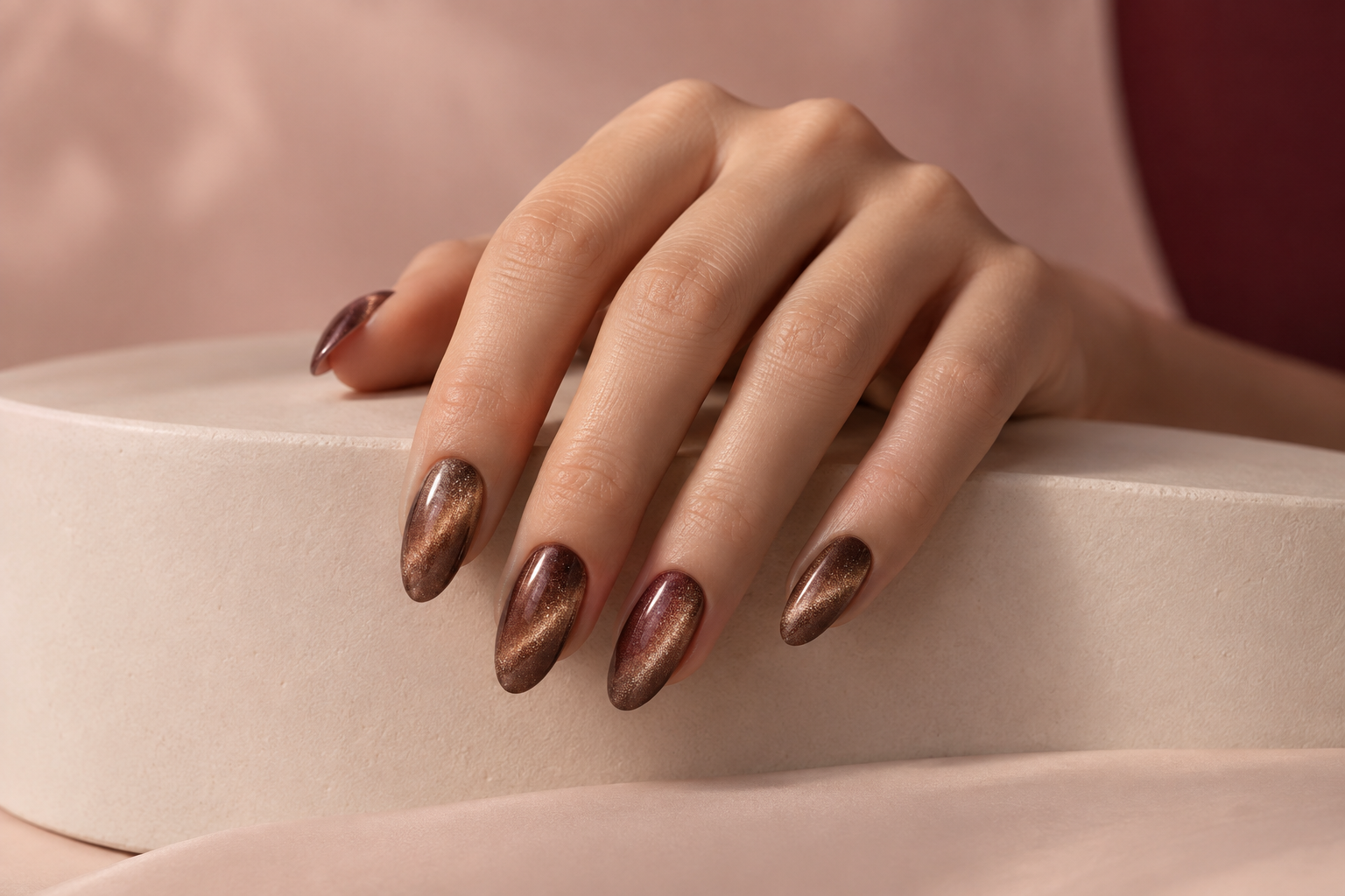 Mocha and bronze velvet cat eye manicure on a cream pedestal