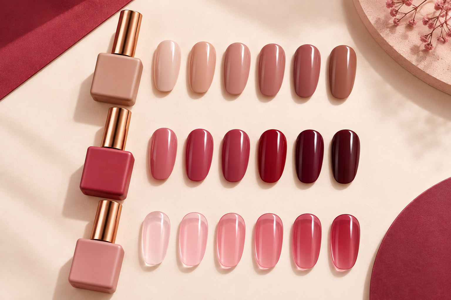 Three groups of nail swatches comparing standard coverage dense one coat color and translucent jelly gel