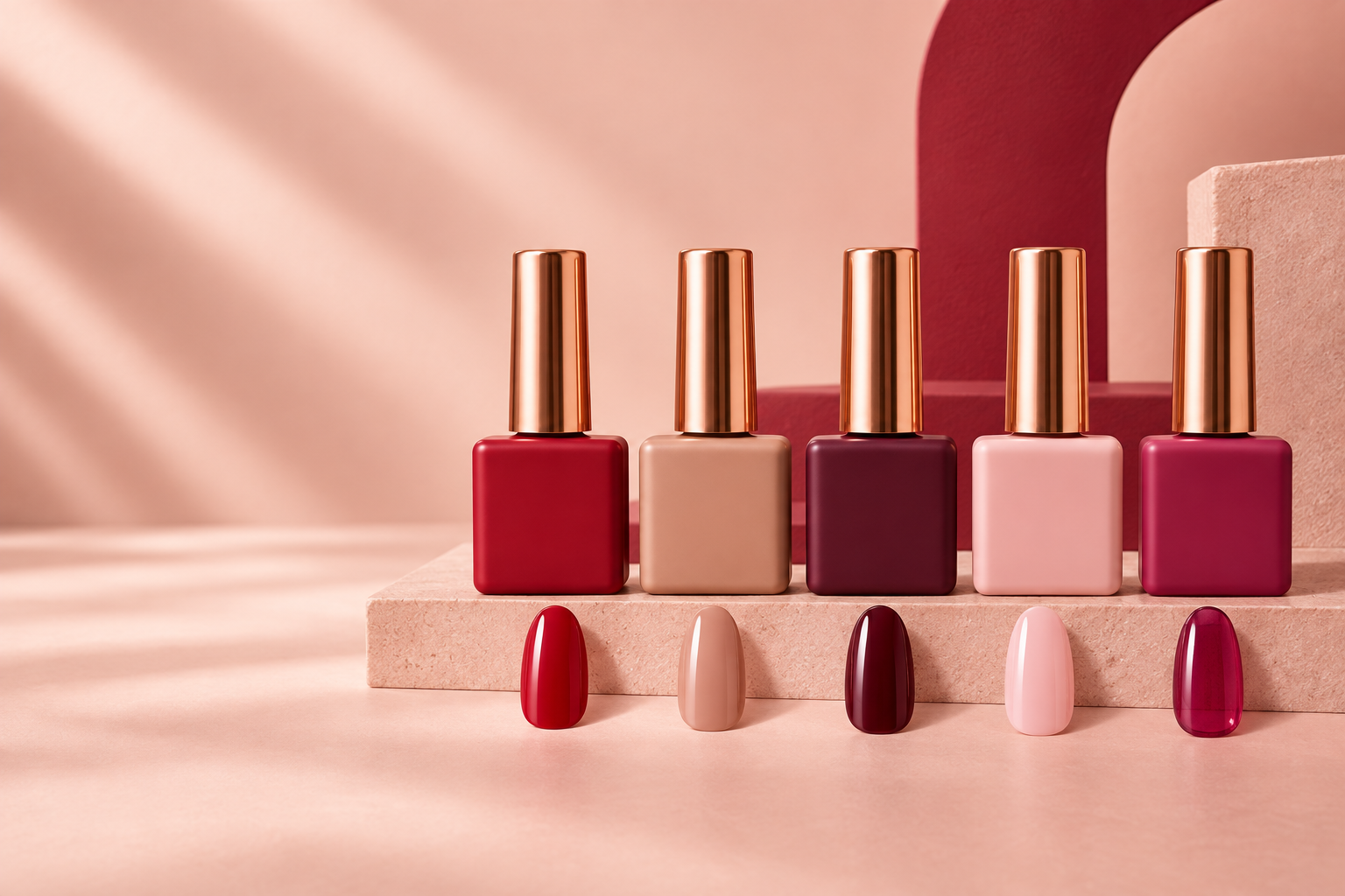 Opaque private label color gel bottles with coordinated red nude pink and wine nail swatches