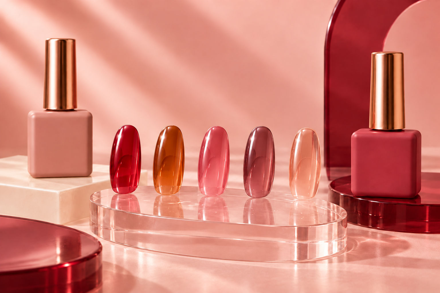 Five separate translucent red amber rose plum and peach jelly gel nail swatches with opaque bottles