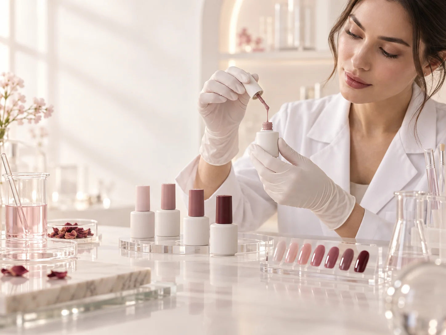 Nail gel specialist lifting pink gel from an open opaque bottle during sample review