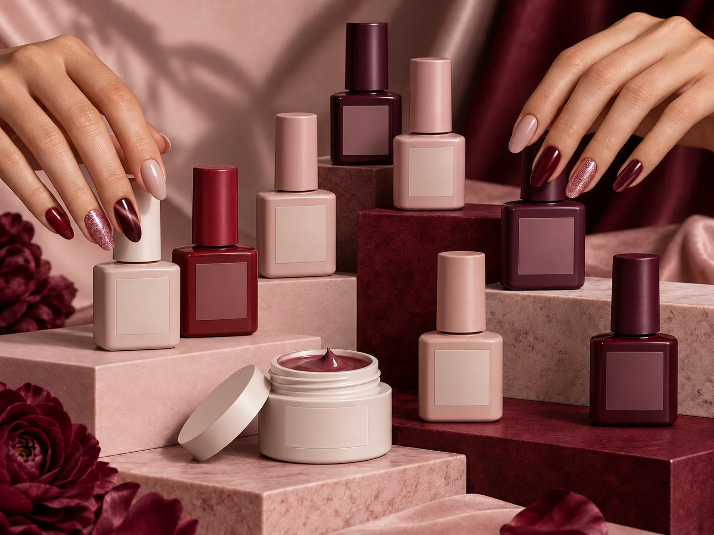 Opaque private label nail gel bottles, an open builder gel jar and manicured hands