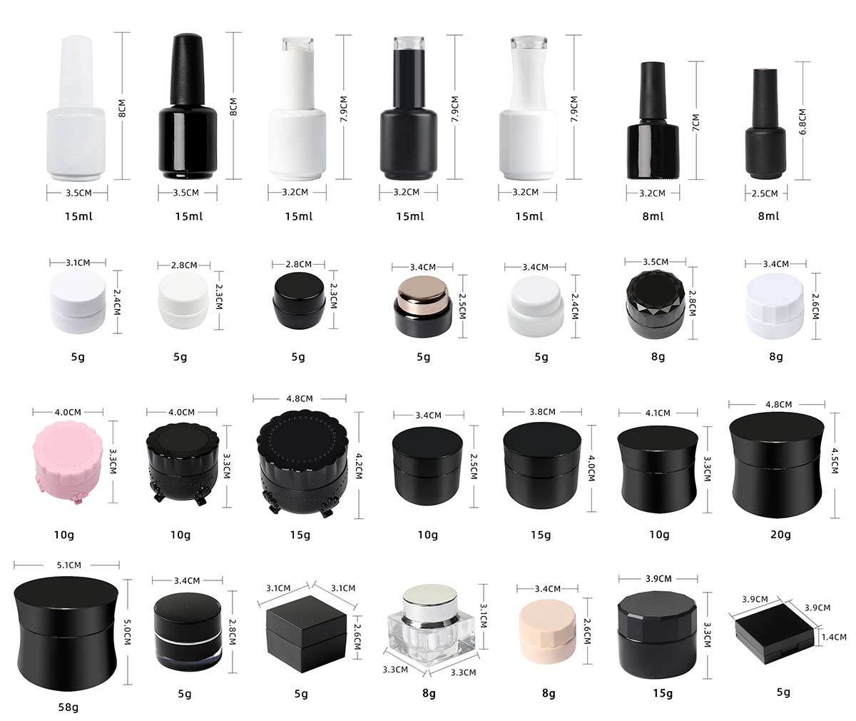 Available bottle and jar examples for private label functional nail products
