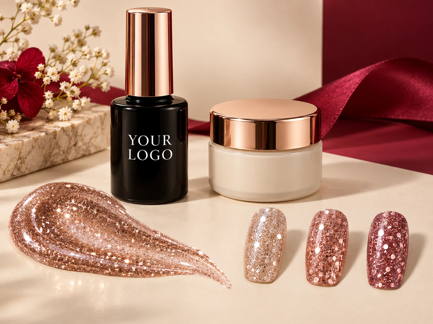 YOUR LOGO opaque bottle and cream jar with glitter gel swatches