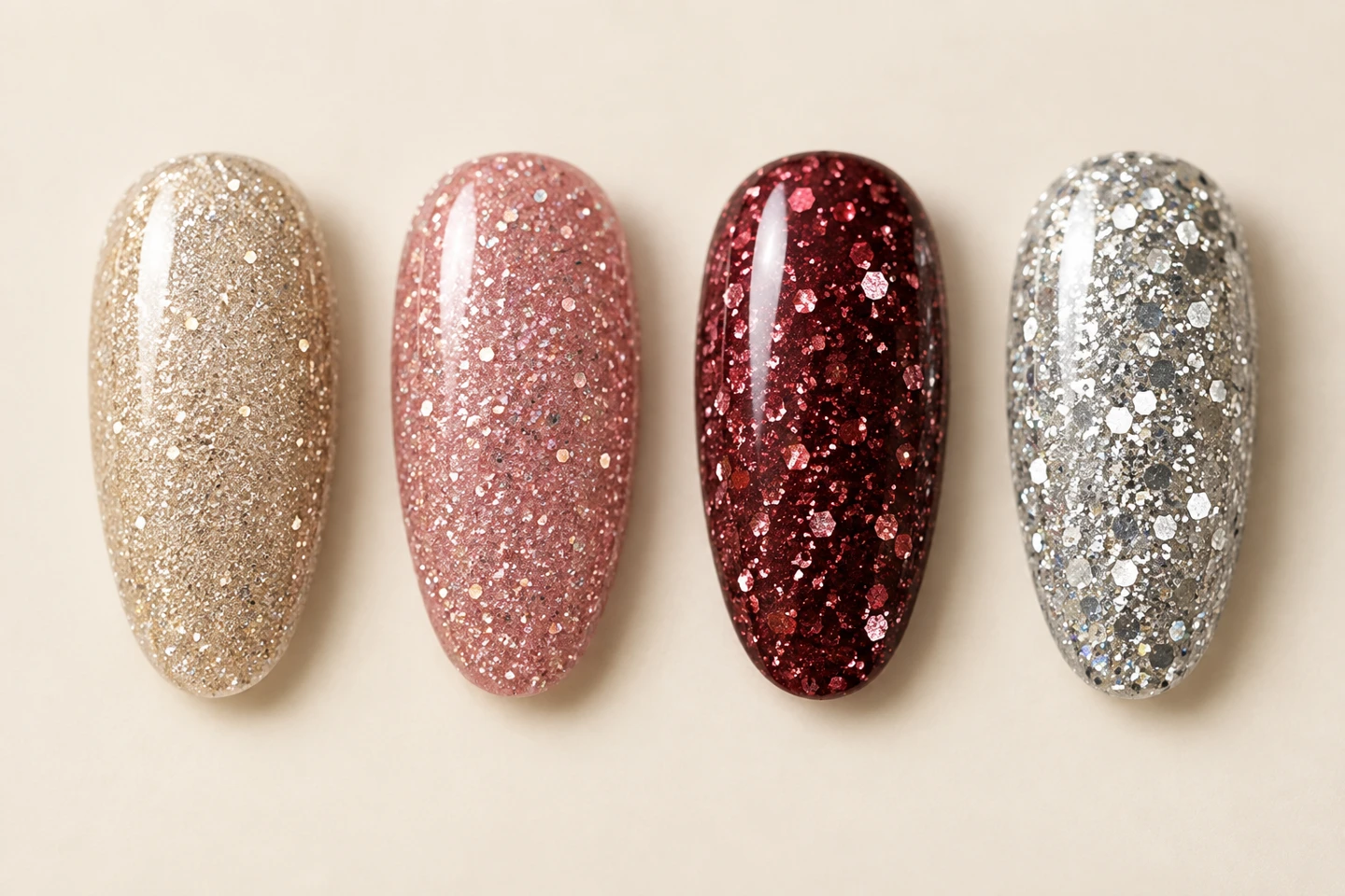 Separate champagne, pink, burgundy and silver glitter gel swatches