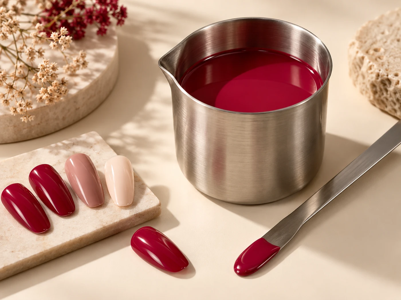 Illustrative nail lacquer color-development still life with raspberry polish and nail swatches