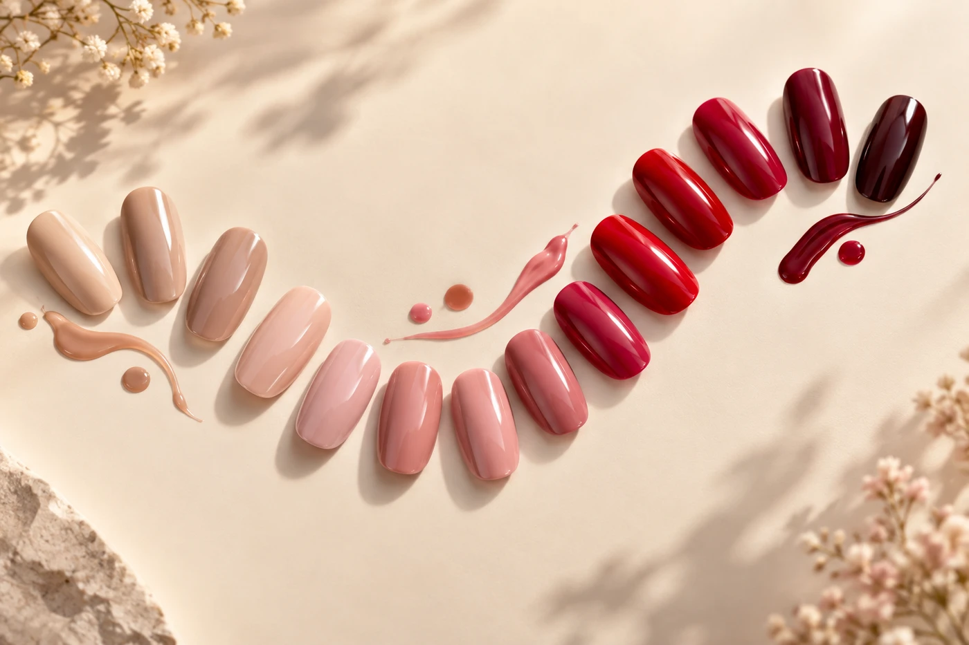 Illustrative nude, pink, red and burgundy nail color planning palette