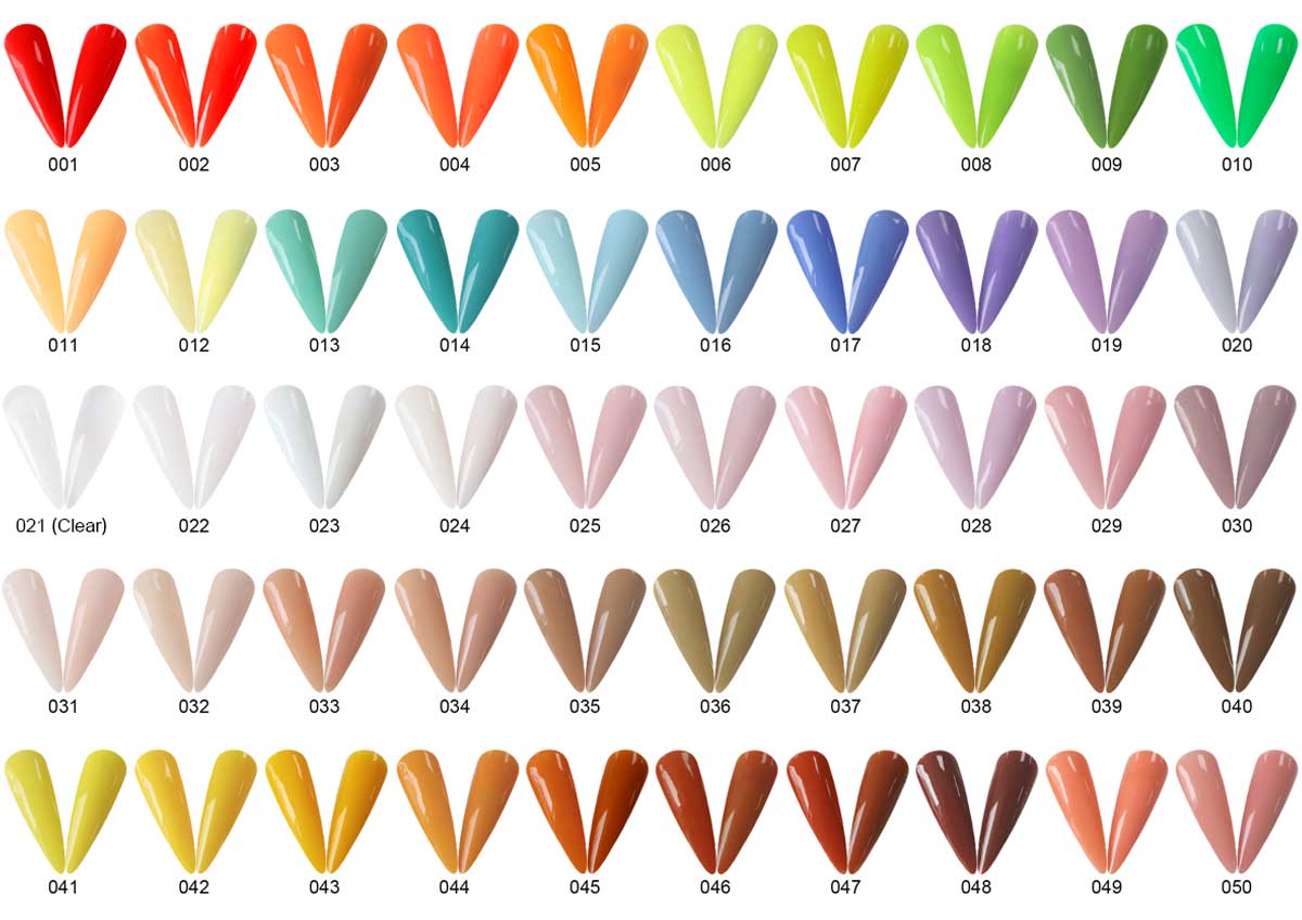 Nail powder color chart with brights neutrals and seasonal shades