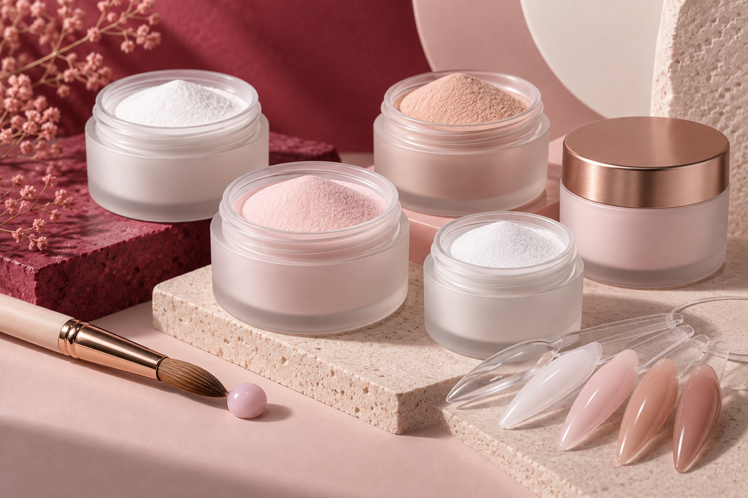 Open jars of clear white pink and nude acrylic nail powder with sculpting brush and extension swatches