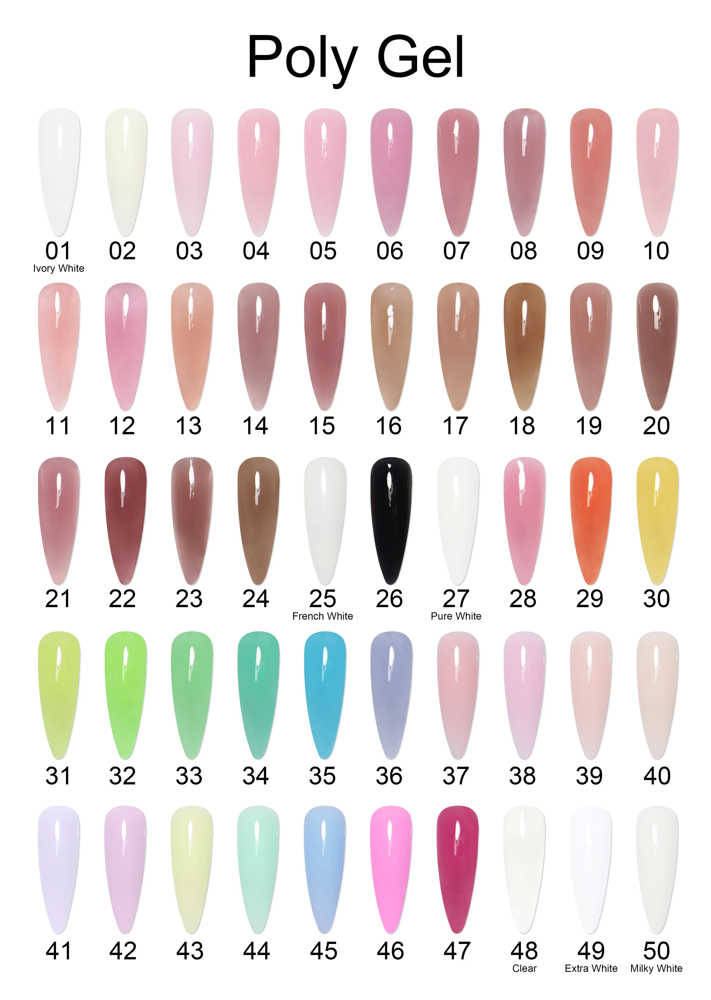 Poly Gel color reference showing shades 01 to 40