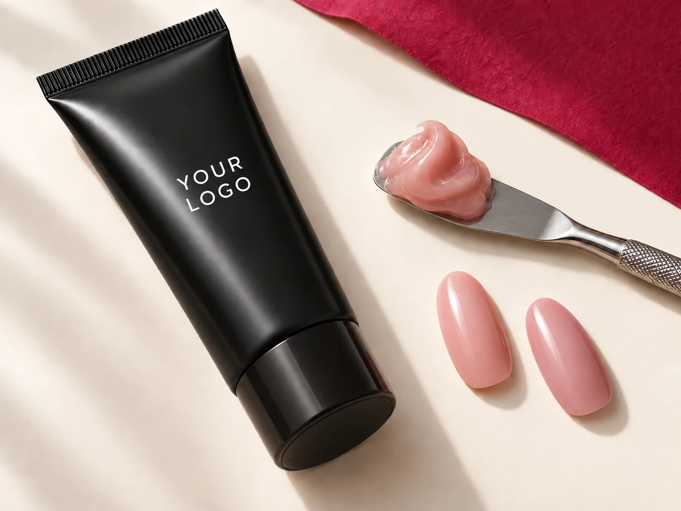 Illustrative black opaque Poly Gel squeeze tube, nude sculpting gel and nail swatches