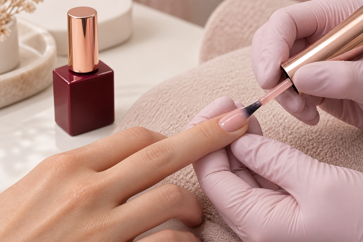 Professional applying nude rubber base gel to a natural nail