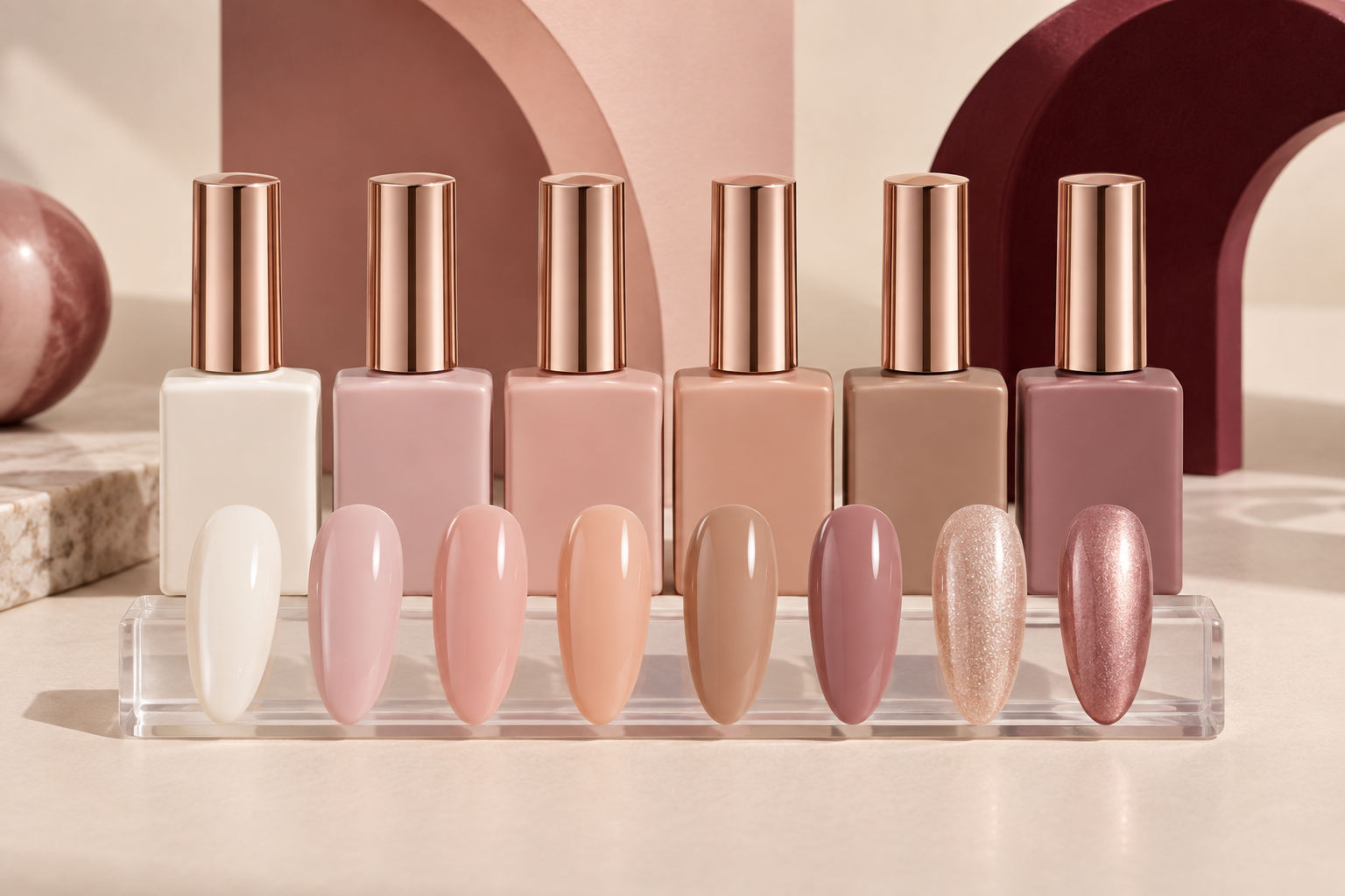 Color rubber base collection with opaque bottles and nude pink shimmer nail swatches