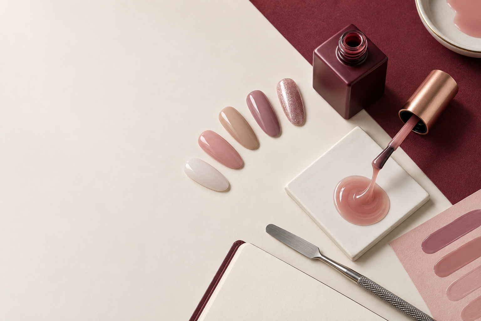 Overhead rubber base development workspace with opaque bottle brush gel texture and nail color swatches